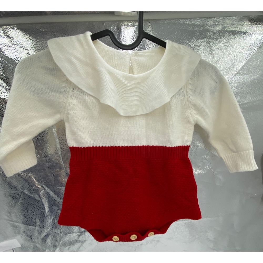 Isabella romper Red Cream Knit Ruffle Collar Long Sleeve Cotton One Piece - Picture 10 of 11
